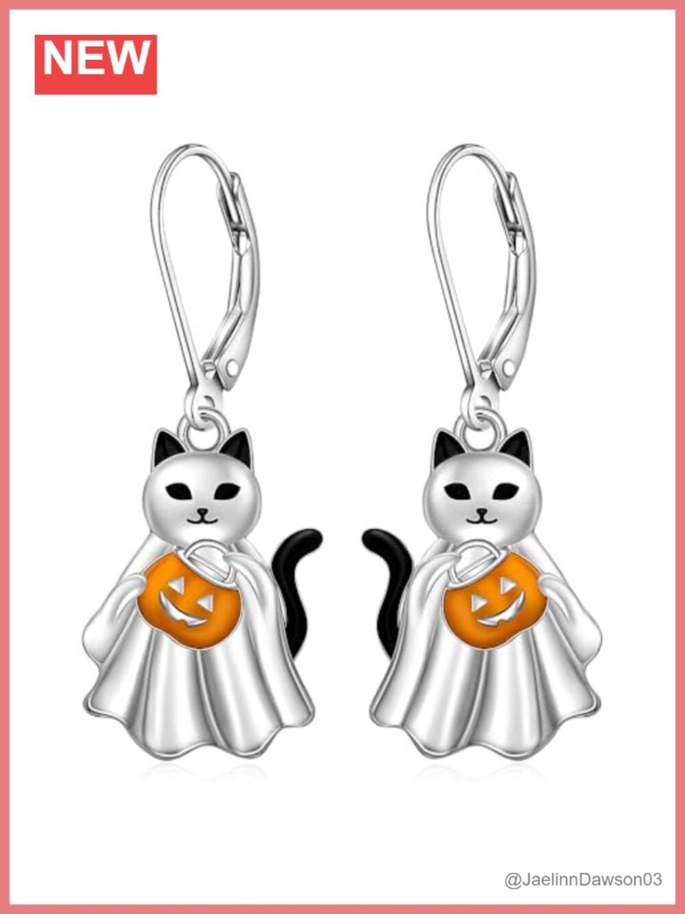 925 Sterling Silver Cat Ghost Earrings Leverback Dangle Drop Halloween Jewelry